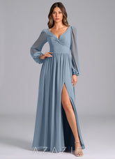 Azazie Teri Dusty Blue A-Line Long Sleeve Chiffon Dress