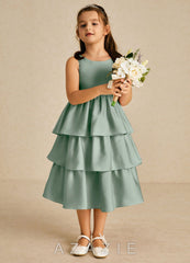 Azazie Margery Agave A-Line Bow Stretch Satin Dress agave
