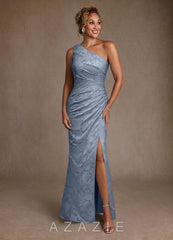 Azazie Joylin Dusty Blue Trumpet One Shoulder Floral Burnout Dress
