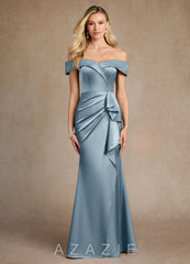 Azazie Laredo Dusty Blue Mermaid Off the Shoulder Stretch Satin Dress