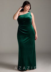 Azazie Argan Emerald Mermaid One Shoulder Pleated Velvet Dress emerald