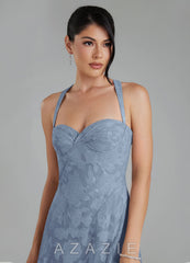 Azazie Bea Dusty Blue A-Line Corset Floral Burnout Dress dusty_blue