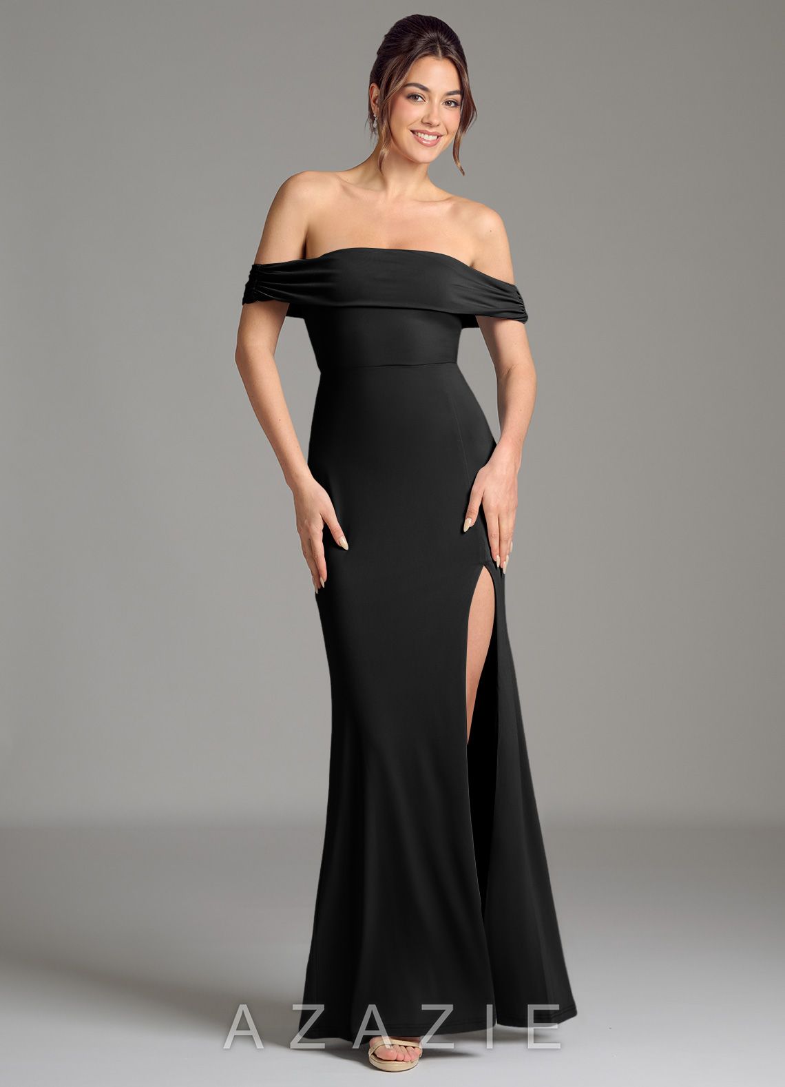 Azazie Evangelia Black Mermaid Off the Shoulder Premium Stretch Jersey Dress