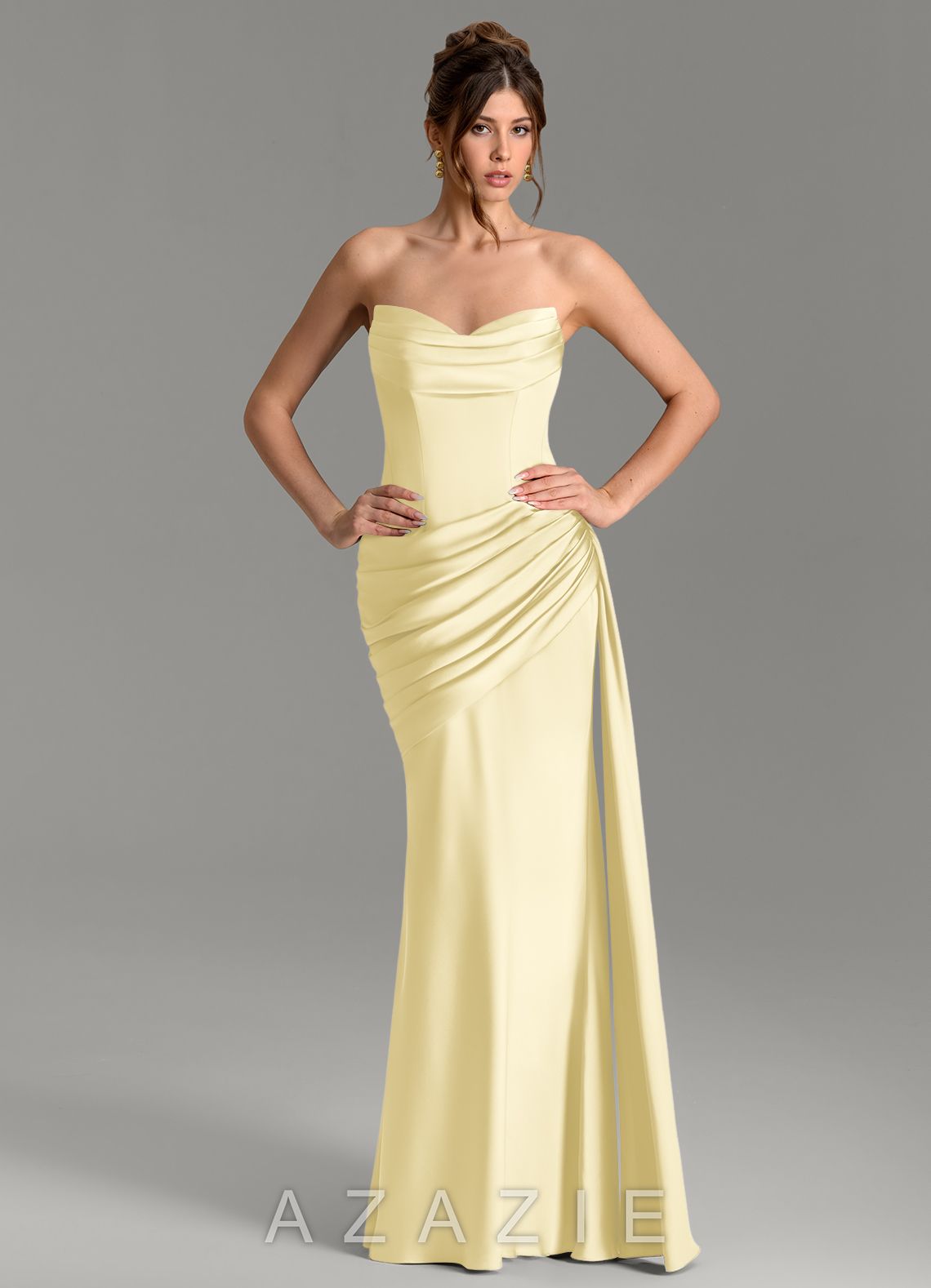 Azazie Zorah Lemon Sorbet Mermaid Corset Stretch Satin Convertible Dress