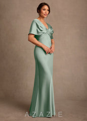 Azazie Dosia Agave Sheath Pleated Stretch Satin Dress agave