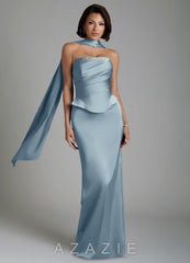 Azazie Harlow Dusty Blue Sheath Corset Stretch Satin Dress