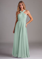 Azazie Dixie Agave A-Line Halter Pleated Chiffon Dress