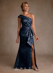 Azazie Hampton Dark Navy Mermaid One Shoulder Jacquard Dress dark_navy