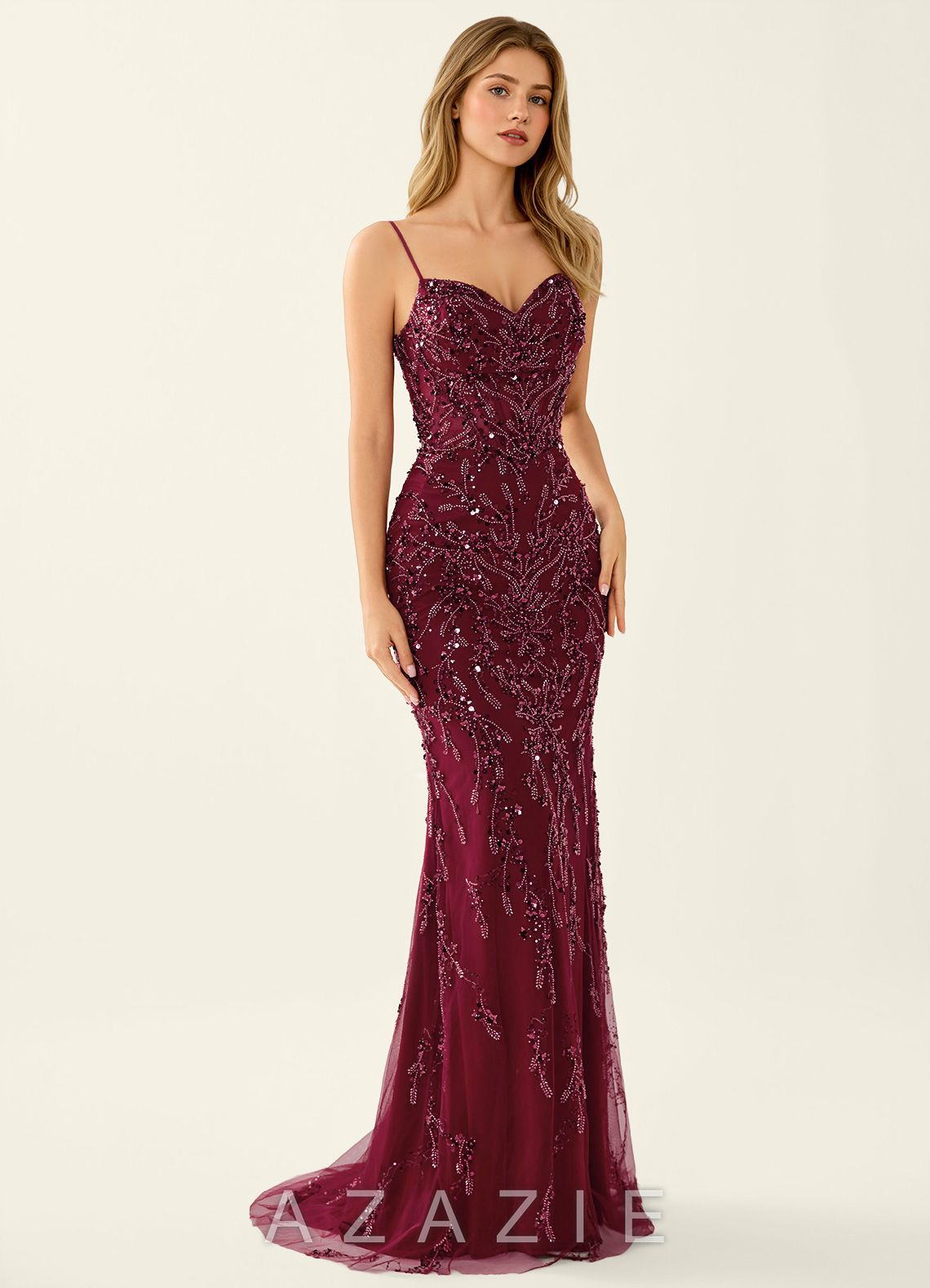 Zivah Burgundy Beaded Corset Lace Up Back Mermaid Dress
