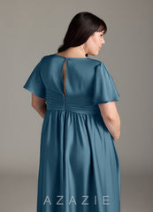 Azazie Verna A-Line Ruched Stretch Satin Floor-Length Dress bermuda