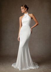 Azazie Tulipa Diamond White Sheath High Neck Stretch Satin Dress