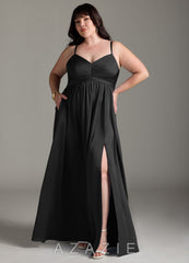 Azazie Alia Black A-Line Pleated Stretch Satin Dress black