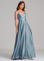 Azazie Amani Dusty Blue A-Line Pleated Stretch Satin Dress