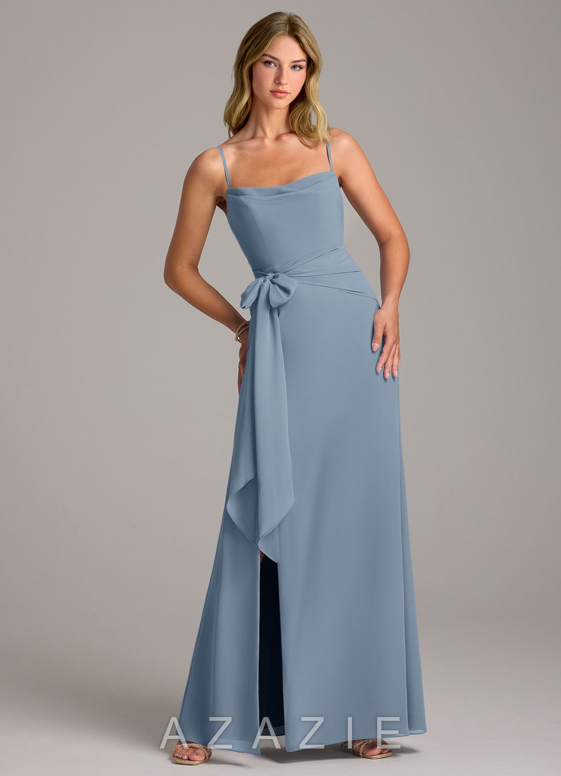 Azazie Tahlia Dusty Blue A-Line with Belt Chiffon Dress