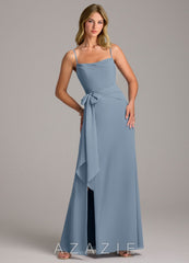 Azazie Tahlia Dusty Blue A-Line with Belt Chiffon Dress