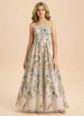 Azazie Evangeline Junior Formal Dress Blush Garden Floral A-Line Pleated 3D Floral Embroidered Lace Dress blush_garden_floral