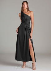Azazie Brooke Black A-Line One Shoulder Stretch Satin Dress