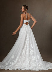 Azazie Devi Wedding Dress Diamond White A-Line V-Neck Lace Tulle Dress diamond_white