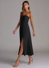Azazie Wren Black A-Line Strapless Chiffon Dress black