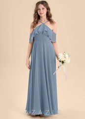 Azazie Tessabelle Junior Dusty Blue A-Line Off the Shoulder Chiffon Dress dusty_blue