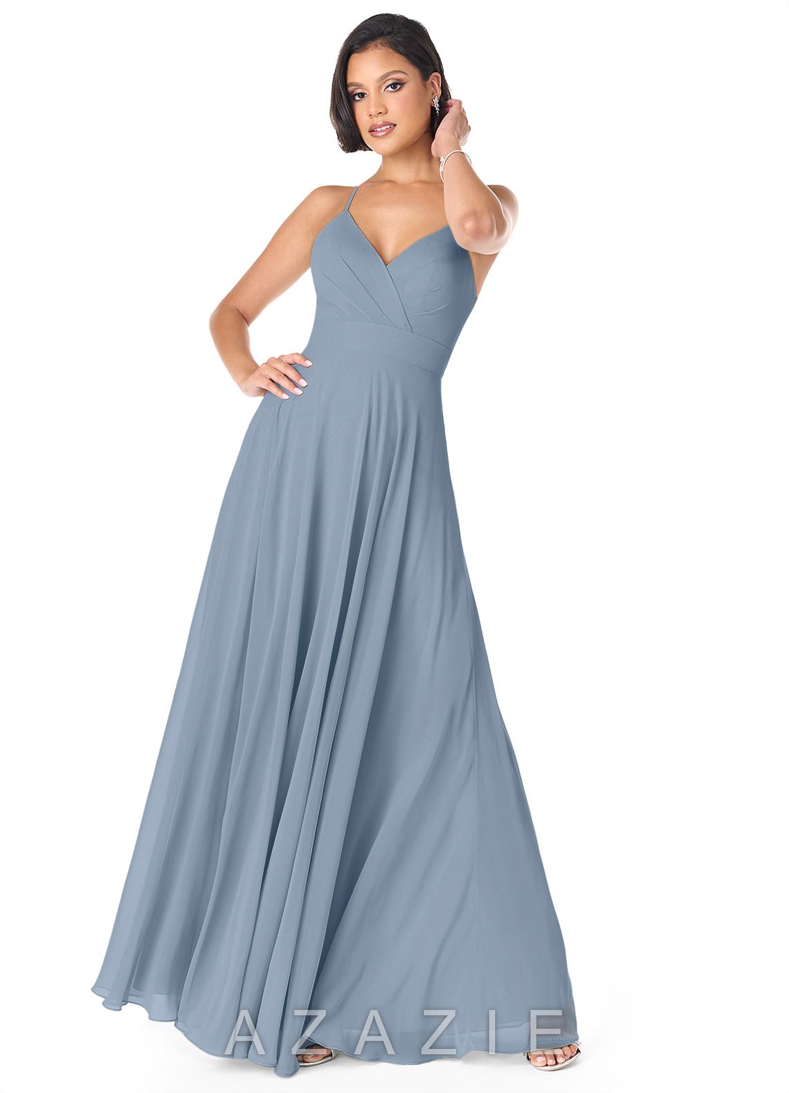 Azazie Avelina Dusty Blue A-Line V-Neck Pleated Chiffon Dress