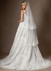 Floral Lace Edge Two Tier Fingertip Wedding Veil with Blusher diamond_white