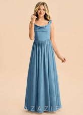 Azazie Novi Junior Steel Blue A-Line Pleated Stretch Satin Dress