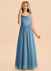Azazie Novi Junior Steel Blue A-Line Pleated Stretch Satin Dress