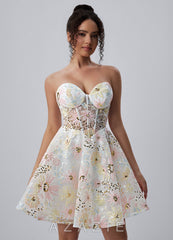 Julienne Ivory Strapless Floral Sequin Corset Skater Mini Dress