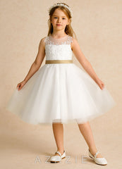Azazie Lettie Ivory Gold Ball-Gown Lace Dress