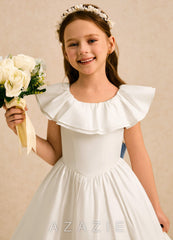 Azazie Clara Ivory Dusty Blue A-Line Bow Cotton Dress ivory/dusty_blue