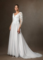 Azazie Essy Wedding Dress Diamond White A-Line V-Neck Sequins Tulle Dress