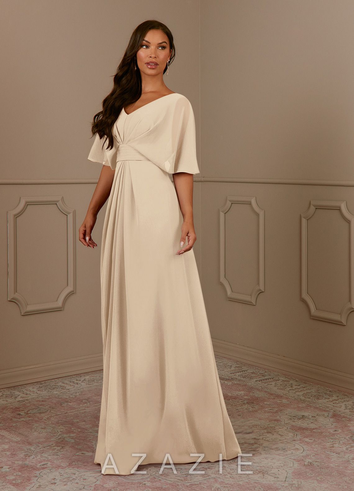 Azazie Oksana Champagne A-Line V-Neck Pleated Chiffon Dress