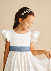 Azazie Aero Ivory Dusty Blue A-Line Pleated Cotton Dress ivory/dusty_blue