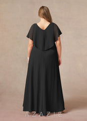 Azazie Eliza Black A-Line V-Neck Pleated Chiffon Dress black