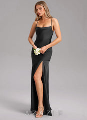 Azazie Grata Black Mermaid Side Slit Stretch Satin Dress black