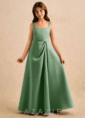 Azazie Emiko Girls Formal Matcha A-Line Pleated Matte Satin Dress matcha