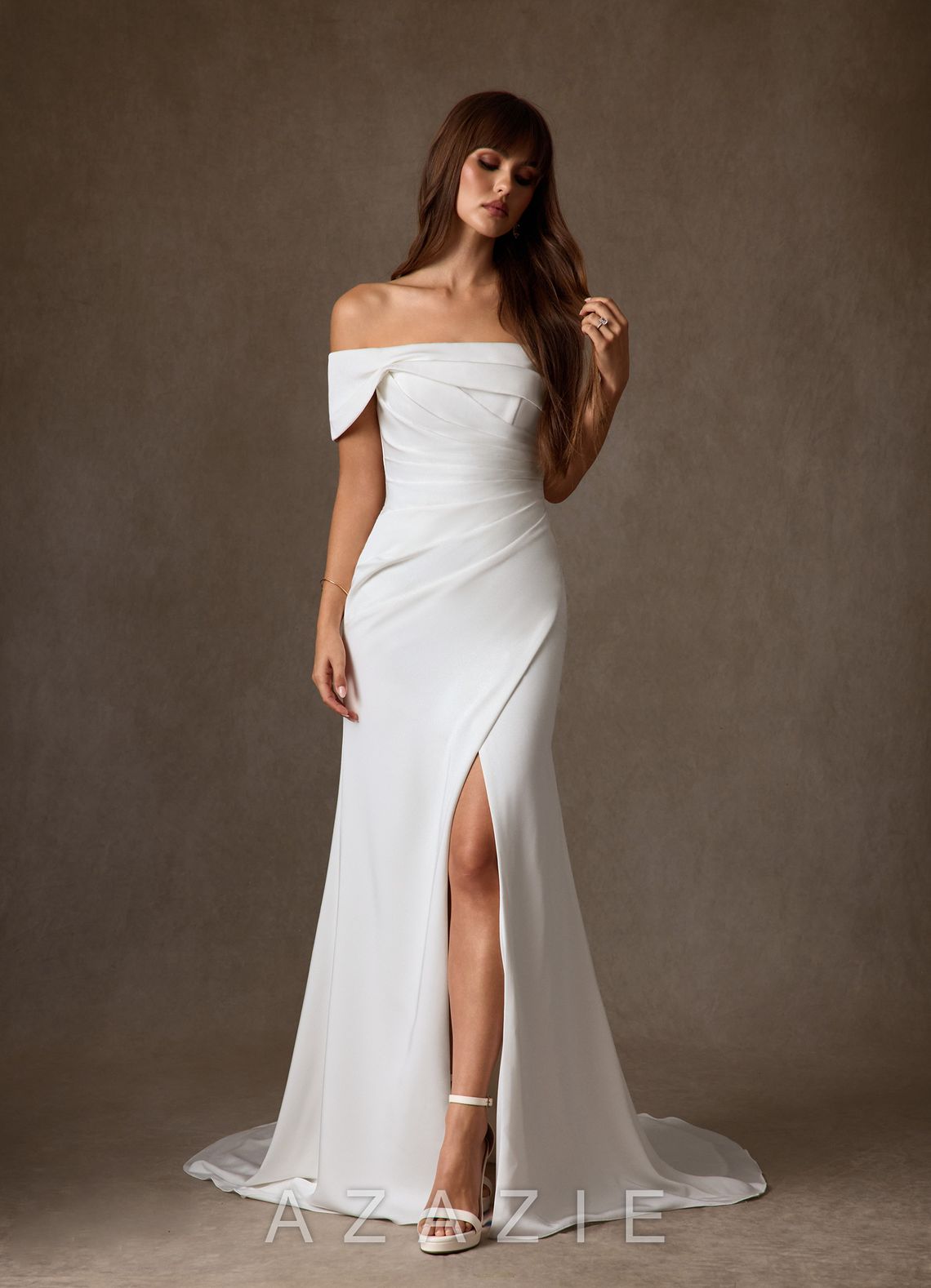 Azazie Chandler Diamond White Sheath Crepe Back Satin Dress
