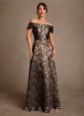 Azazie Jossie Ebony Gold Jacquard A-Line Off the Shoulder Jacquard Dress