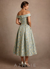 Azazie Centralia Aqua Blue Jacquard A-Line Off the Shoulder Floral Jacquard Dress aqua_blue_jacquard