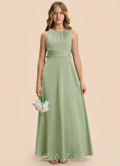 Azazie Christina Junior Dusty Sage A-Line Ruched Stretch Satin Dress dusty_sage