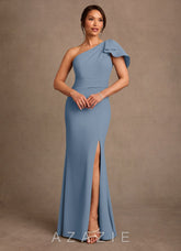 Azazie Haddie Dusty Blue Sheath One Shoulder Stretch Crepe Dress