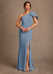 Azazie Haddie Dusty Blue Sheath One Shoulder Stretch Crepe Dress