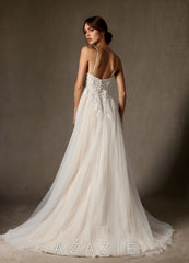 Azazie Nikita Wedding Dress Diamond White Champagne A-Line Sequins Tulle Dress diamond_white/champagne