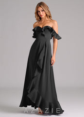 Azazie Lyra Black A-Line Off the Shoulder Stretch Satin Convertible Dress black