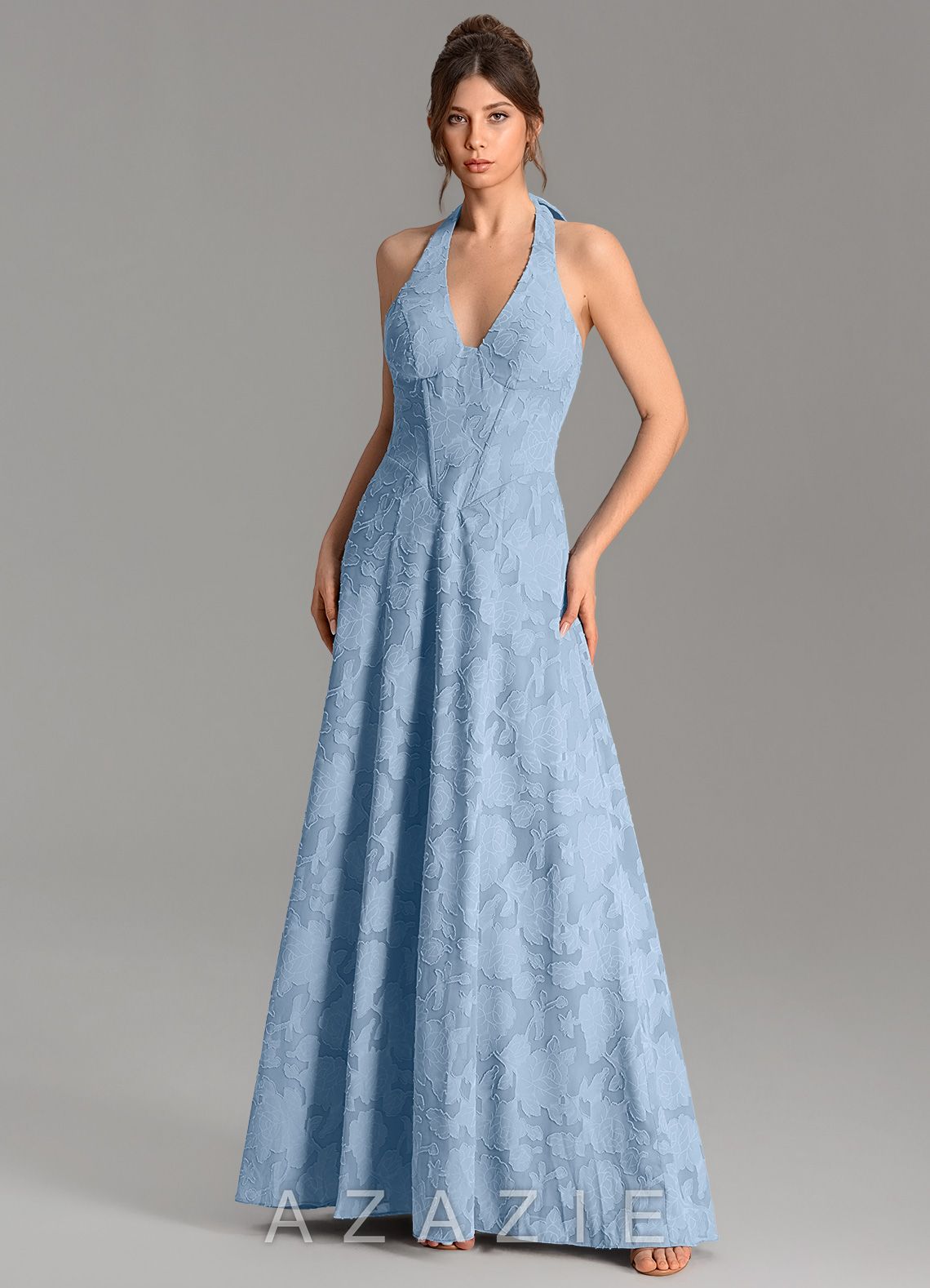 Azazie Nia Powder Blue A-Line Corset Floral Burnout Dress