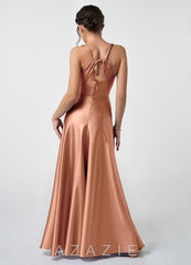 Azazie Avelina Junior Bronzer A-Line Pleated Metallic Satin Dress bronzer