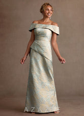Azazie Kaddar Vintage Blue Sheath Off the Shoulder Floral Jacquard Dress