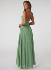 Azazie Tessie Matcha A-Line V-Neck Pleated Chiffon Dress matcha