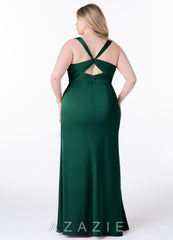 Azazie Mero Emerald Mermaid Pleated Stretch Satin Dress emerald